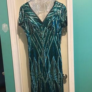 R & M Richards Teal and Black Sequin Dress
